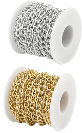 Yurosiay Catena a maglie intrecciate, 10 x 6,5 mm, per il fai da te, in alluminio, con bobina, catena intrecciata, catena in metallo, per la creazione di gioielli fai da te, oro e argento