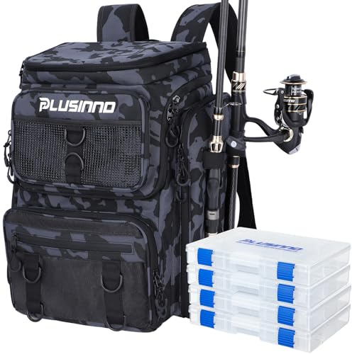 PLUSINNO Fishing Backpack Store Fishing Gear with Rod Holders 4 Tackle Boxes, 42L Large Water-Resistant Fish Tackle Bag for Fish, Camping, Hiking,Gifts for Men Father, Black Camo