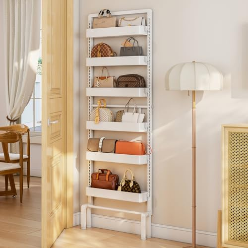 ABCOOL Behind Door Storage Organizer Rack, 6 Tier Adjustable Hanging Baskets Free Standing Thin Metal Space Savers Room Storage Organizers, Back of Door Heavy Duty Storage