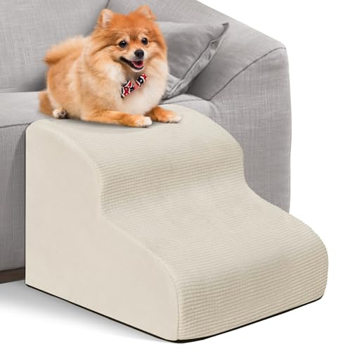 Dog Ramp Stairs 2 Steps for Small Dogs and Cats Light Beige, Pet Dog Ladder for Sofa Bed, Dogs Cats Ladder Non-Slip Foam with Removable and Washable Plush Cover, Send Lint Roller Set