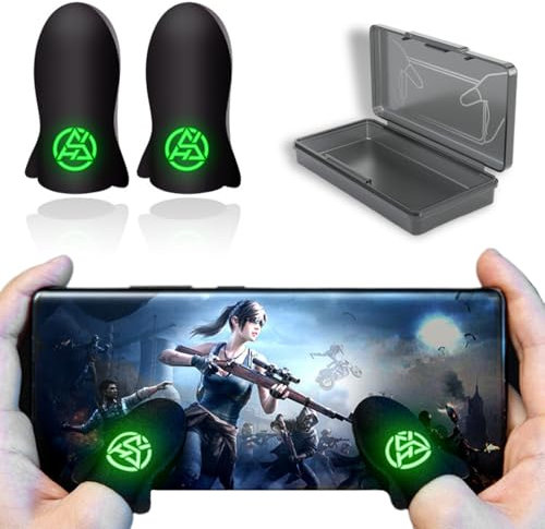 COYUN 1 par Dedales para Jugar al Movil y 1 caja, Transpirable Gaming Disparos sensibles al Sudor, Mobile Game Finger Sleeve, Anti-Sudor Pantalla táctil de Dedo Manga, Funda para Pulgar Transpirable