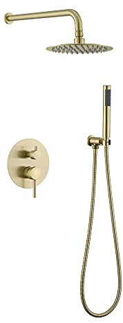 Grifo de Ducha Empotrado de Ducha de Oro Cepillado Juego de Ducha de Lluvia con Cabezal de Ducha Ducha de Mano Mezclador de Ducha-Bifuncional_8 Pulgadas,