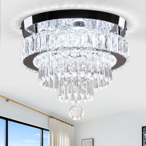 Modern Crystal Chandelier Ceiling Light,4-Tier K9 Crystal & Stainless Steel Flush Mount LED Ceiling Light,20W Energy-Efficient Cool White Light for Bedroom Living Room Hallway Kitchen Lighting 11.8