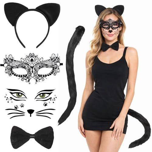 GWAWG Costume da gatto con cerchietto con orecchie da gatto, coda di gatto, papillon, tatuaggio viso e maschera, costume da gatto nero da donna, costume da animale per adulti, per Halloween, carnevale