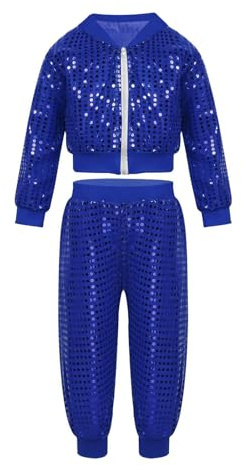 Conjunto de disfraz de carnaval para mujer y niña, con lentejuelas brillantes, para baile callejero, ropa de hip hop, rendimiento de jazz, cremallera completa, con pantalones harén, azul, XL
