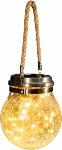 BERPAR Hanging Solar Crackle Glass Light – LED Firefly Garden Lantern, Waterproof Outdoor Solar Jar Lamp with 30 Warm White LEDs for Patio, Pergola, Fence & Garden Decor