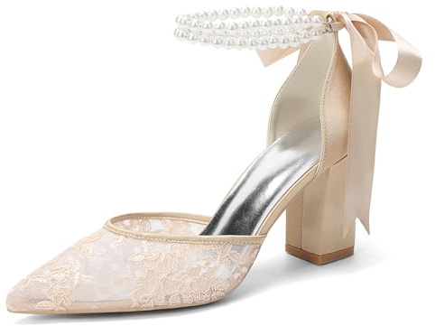 Mdrcg Zapatos Tacones Nupciales de Bloque y Punta Afilada, con Pulsera de Perlas en el Tobillo y Lazo de satén, Fiestas y graduaciones (8 cm).,Champagne,36 EU