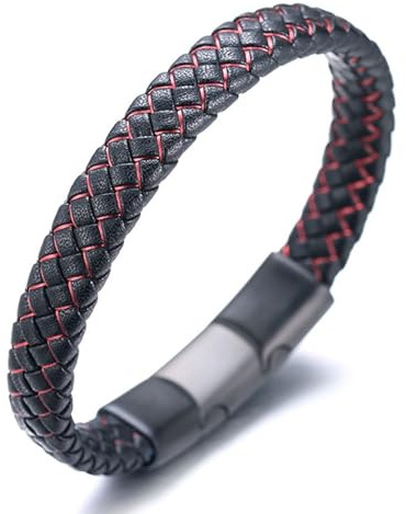 HALUKAKAH Más ● Jazz ● Hombres Cuero Genuino Trenza Hecha a Mano Negro Mezcla Rojo Pulsera Titanio Cierre Esmerilado Magnético Tamaño Ajustable 21.5-23cm con Caja