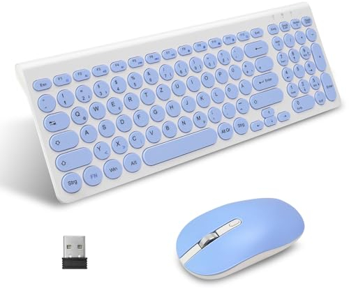 LeadsaiL, Juego de ratón de teclado inalámbrico, ratón ergonómico y teclado, teclado y ratón inalámbricos para PC, diseño alemán QWERTZ, teclas silenciosas de teclado y ratón, MacOS PC, portátil, azul