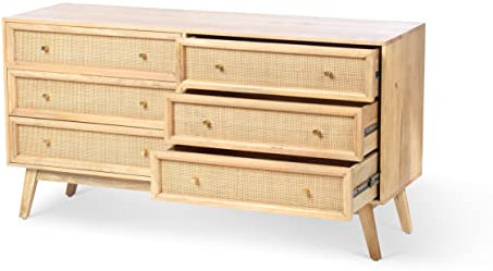 Desser Venice Rattan 6 Chest of Drawers – Mango Wood & Cane Wide 6 Draw Unit in Natural - Wicker Bedroom or Hallway Storage Furniture - H75cm x W147cm x D45cm