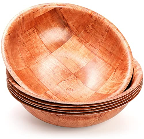 Elsjoy 6 Pack 10 Inch Wooden Woven Salad Bowl, Unbreakable Wood Round Serving Bowl Large Wood Salad Bowl, Reusable Wood Snack Bowls Large Serving Bowls for Fruits, Pasta, Popcorn