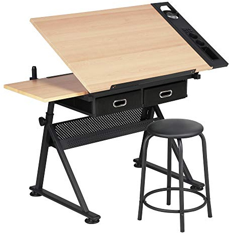 Abician Table à Dessin Inclinable avec Tabouret Bureau pour Dessinateur Réglable en Hauteur avec Rallonge Rétractable Compartiments à Crayons Table d’architecte Couleur Bois