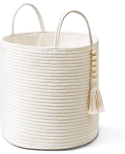 Mkono Woven Storage Basket with Handles Decorative Cotton Rope Basket Wooden Bead Decoration for Blankets,Toys,Clothes,Living Room Home Decor, 11, White