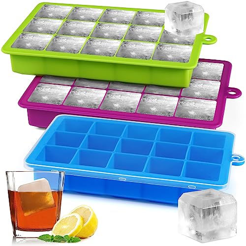 Sinnsally 3 Piezas Cubiteras para Hielo silicona con Tapa,Bandejas de Cubitos de Hielo Cuadrados Grandes de 3,5cm, 45 Cubos Silicona Moldes,para Cócteles,Whisky,Vino(azul/verde/morado)