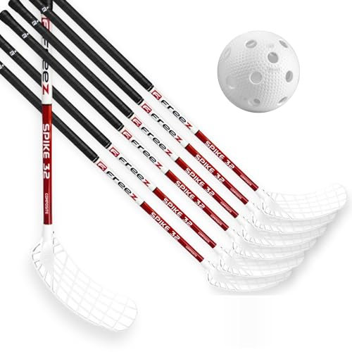 mb-m® Set FreeZ Spike 32 röd senior – 12 klubbor + 10 bollar golvboll unihockey