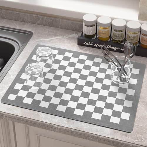 COLOR&GEOMETRY Dish Drying Mat 30x40cm, Super Absorbent Draining Board Mat, Non Slip Coffee Machine Mat, Quick Dry Kitchen Mat, Counter Protector Drainer Mat for Kitchen, Worktop, Counter, Bar (Grey)