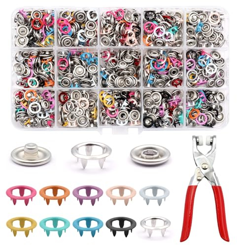 ZYKORT 250 Sets Botones de Presion Metalicos, 9.5 mm Vistoso Corchetes de Presion Metalicos, Botones de Presion con Alicates y Caja para Ropa Infantil, Ropa Adultos, Tela, Bolso de Bricolaje