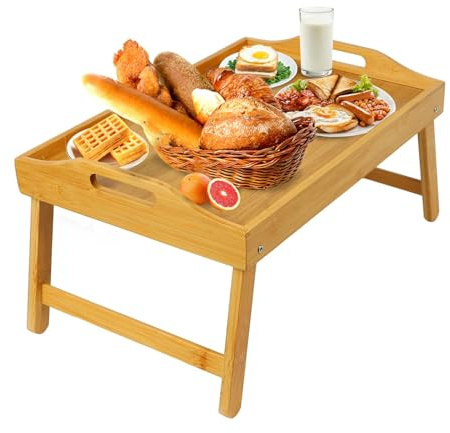 MorTime Vassoio da letto con gambe pieghevoli, vassoio per la colazione in bambù con manici per letto, divano, mangiare, lavorare, scrivania pieghevole per laptop, cibo e snack