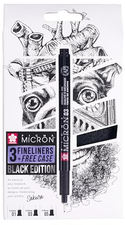 SAKURA Pigma Micron Fineliner 3er-Set + Etui | Wasserfeste schwarze Tinte, verschiedene Größen | Stifte zum Schreiben, Zeichnen & Journaling