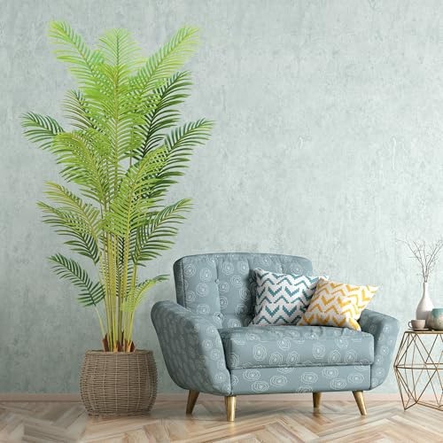 7FT Artificial Palm Tree Indoor with White Pot, Realistic Leaves, 15 Trunks Adjustable Branches, Tall Faux Fake Palm Plant, Ideal for Living Room Bedroom Office Home Interior Aesthetic Decor