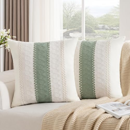 DakTou Boho Kissenbezug Kissenhülle 40x40 Sofa Kissen Baumwolle Dekokissen Grün Sofakissen Dekorative Kissenbezüge 2er Set Salbeigrün Bauernhaus Gewebt Strukturiert Zierkissenbezug für Wohnzimmer