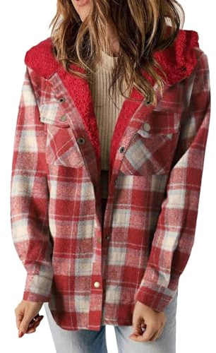 Sudaderas con capucha para mujer, suéter cálido 2025, a cuadros, a la moda, casual, manga larga, bolsillo, botón, felpa, con cremallera, sudadera con capucha para mujer, rosso, XL