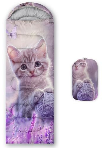 HOSIMA Sacco a pelo Kawaii per bambini e ragazze, gatto che rotola una palla di corda in cespuglio di lavanda circondato da farfalle, sacchi a pelo ultraleggeri impermeabili e biancheria da letto da