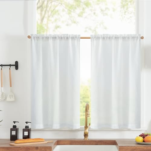 TOPICK Scheibengardinen Bistrogardine Küche H 75 x B 65 (cm) 2er Set Küchengardinen Fenstergardinen Leinenoptik Kurz für Wohnzimmer modern Blickdicht Küchenvorhang Vorhänge Lichtdurchlässig Weiß