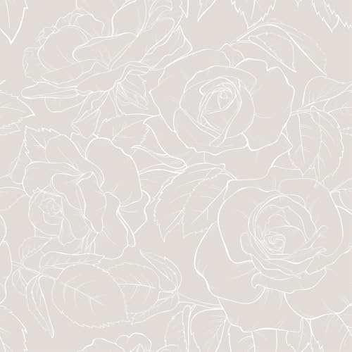 VEELIKE Papel Pintado Flores Beige Dibujo de Líneas Papel Pintado Estampado Beige Patrón Minimalista Contornos Peonías Bohemio Fotomural Decorativos Pared Dormitorio Salón Baño 44,5 cm x 300 cm
