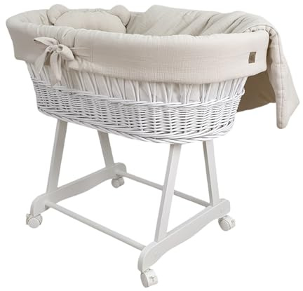 Wiklinopol Stubenwagen aus Weide mit Gestell & Matratze Amelia – Moseskorb in Weiß – Set Musselin-Bettwäsche in Beige – Weidenkorb, Tragbar, Ideal für Neugeborene