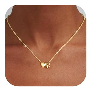 TINGN Collana con ciondolo a forma di cuore in oro 14 carati, con lettera A-Z, con ciondolo a forma di cuore, per ragazze, per donne, ragazze, fidanzate