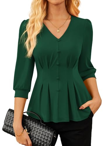 GRACE KARIN Women's Elegant Blouse Shirt V-Neck 3/4 Lantern Sleeve Shirt Pleated Stretch Knit Blouse Tops for Office Work | V-neck, three-quarter puff sleeves, knitted fabric with stretch, decorative buttons, slip model, parties, office and leisure