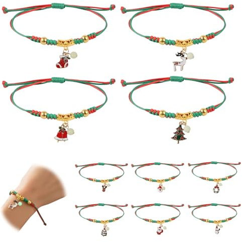 Sylkeov Juego de 10 Pulseras Navideñas Brillantes, Pulseras de Navidad Ajustables con Encantadores Colgantes para Niños y Adultos, Perfectas como Regalo y para Calendario de Adviento
