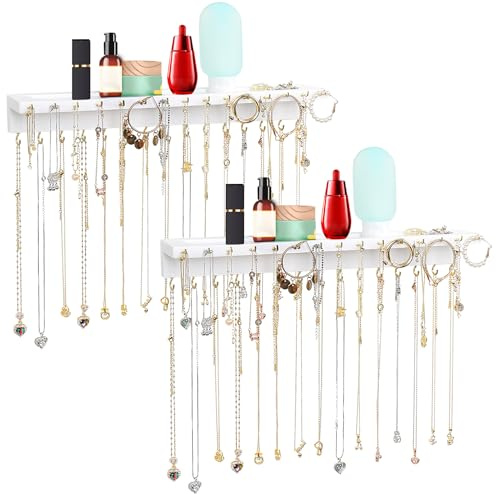 YYILIS Necklace Holder, Upgraded Extra Large Wall Necklace Organizer with 30 Hooks Wall Mounted Necklace Hanger with Jewelry Tray/Cosmetics Shelf Rustic Pine Wood Holder (2 Pack-Double White)
