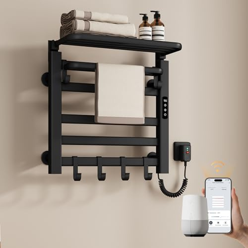 EMKE Radiador eléctrico de baño toallero, 500 x 500 mm, temperatura constante inteligente, toallero eléctrico, con estante, color negro, 140 W
