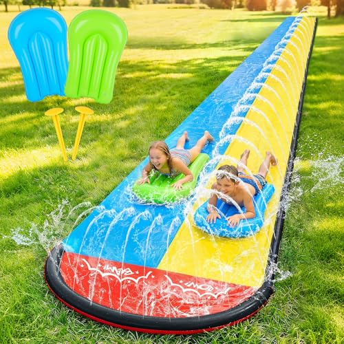 Mineup Scivolo Ad Acqua, 15.8 Ft/480 Cm Scivoli d'Acqua Doppio Scivolo per Prato, Scivol da Giardino Estivo con Irrigatore Integrato con 2 Bodyboards per Giardino, attività Acquatiche All'aperto