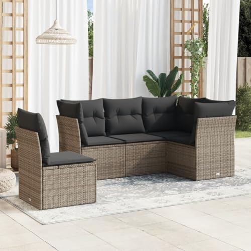 Owoxanthellate Owox Salon de jardin 5 pièces - Gris - 179 x 124 x 69 cm - En polyrotin - Résistant aux intempéries - Avec espace de rangement et coussin - Groupe de sièges modulaire pour terrasse