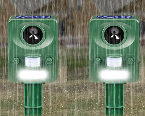 2X Repelente para Gatos Exterior, Ultrasónico Ahuyentador de Perros, Palomas, Pájaros, Perros, Ratones, Zorros, Disuasión Solar 5 Modos IP66 Impermeable con LED Intermitentes