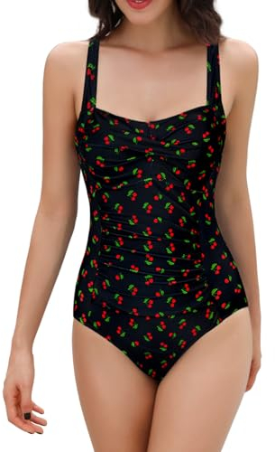 SHEKINI Damen Einteilige Blumen Einfarbig Badeanzug Monokini Verstellbarer Oder Nicht Verstellbarer Schultergurt Badeanzüge Falten Bademode Schwimmanzug, A-kirsche Druck, M