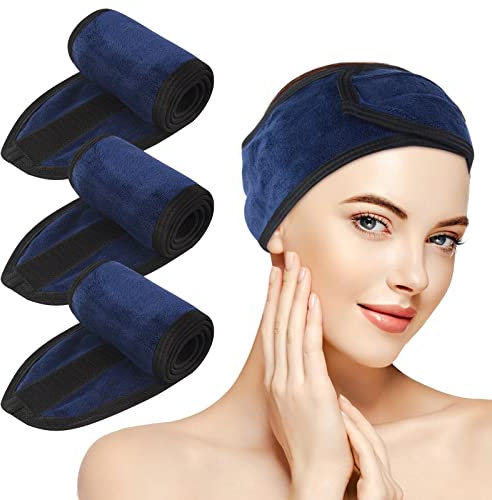 KinHwa Microfibre Bandeau Cheveux Femme Maquillage，scratch cheveux Spa lavable pour Soin Visage,Réglable Headband avec Magic Tape Élastique pour le bain, démaquillage et sport bleu foncé lot de 3