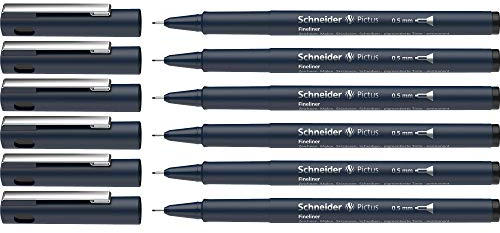Schneider Pictus Fineliner (Strichstärke 0,5 mm, dokumentenechte Pigmentliner, metallgefasste Spitze, Gehäuse aus 85% recyceltem Kunststoff) 6er Pack, schwarz