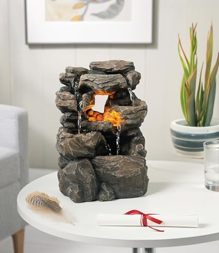 Fontana d'acqua da tavolo a cascata con luce a LED, fontana a cascata per interni, suono dell'acqua silenzioso e rilassante, piccola scrivania da 24 cm, decorazione per casa/ufficio