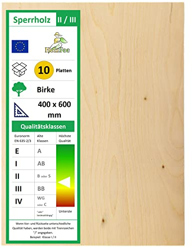 HolzFee 10 Stück Sperrholzplatte 3 mm A4 210 x 297 mm Klasse II/III Birkensperrholz