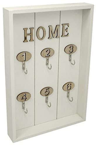 PrimoLiving Cassetta portachiavi in legno con 6 ganci – Portachiavi, per montaggio a parete, 6 ganci in metallo, stile vintage, shabby chic, colore bianco P-14882