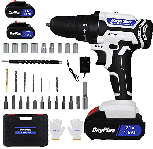 Qimu Cordless Power Drill Set,Electric Screwdriver Combi Drill Set with 2-Variable Speed,25+1 Torque 3/8'' Chuck Handheld Drills Driver with 2×1.5Ah Li-Ion Batteries,Charger,26PCS Drill Bits,1 Kitbox