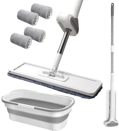 Wischmopp Set mit Eimer Bodenwischer Flachmopp Set mit Edelstahlgriff und 4 Mikrofaser Moppkopf Bodenwischer Set Flachmopp für Hartholz Fliesen Laminat (36cm Wischpads*4+Eimer)