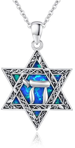 ABIGY Cadena de estrella de David 925 de plata de ley Star of David Necklace hebreo Chai (vida) ópalo colgante hexagrama estrella de David cadena judía hexagrama amuleto joyas regalos para hombres y