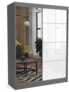 Brent - Kleiderschrank mit Spiegel Suzan, 160cm Breit, Schlafzimmerschrank mit 1 Kleiderstange und Einlegeböden für Kleidung, Kleiderschrank Grau Matt/Weiß Hochglanz