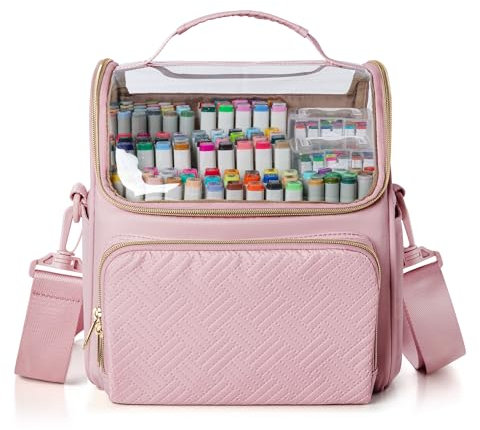 Rexmica Large Organiser Case for 180 Markers, Marker Pen Storage Bag for Markers, Paint Brushes or Other Art Supplies with Dividers and Shoulder Strap, Pink (Patented Design)