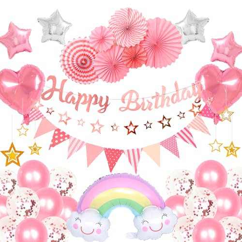 Geburtstagsdeko Rosa, 42 Pcs Geburtstagsdeko Pink Set Luftballons Rosa, Rosa Papier Fans, Rosa Wimpel, Banner Pink Wolkenförmige Stern Regenbogen Luftballons etc Geburtstagsdeko Mädchen